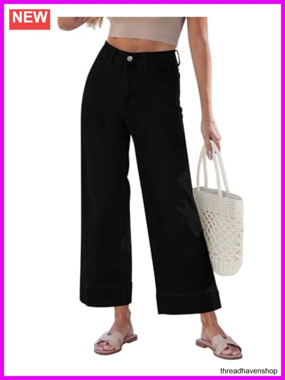 Wide Leg Crop Jeans High Waisted Stretch Denim Pants